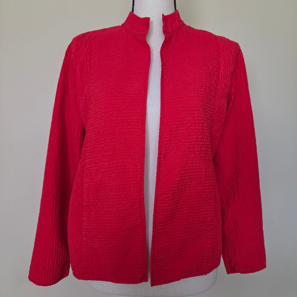 Eileen Fisher Silk Size S Quiet Luxury Open Front Textured Jacket Red